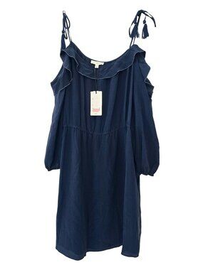 A Loves A NWT Off The Shoulder Navy Blue 100% Silk Mini Dress Women's Size Large